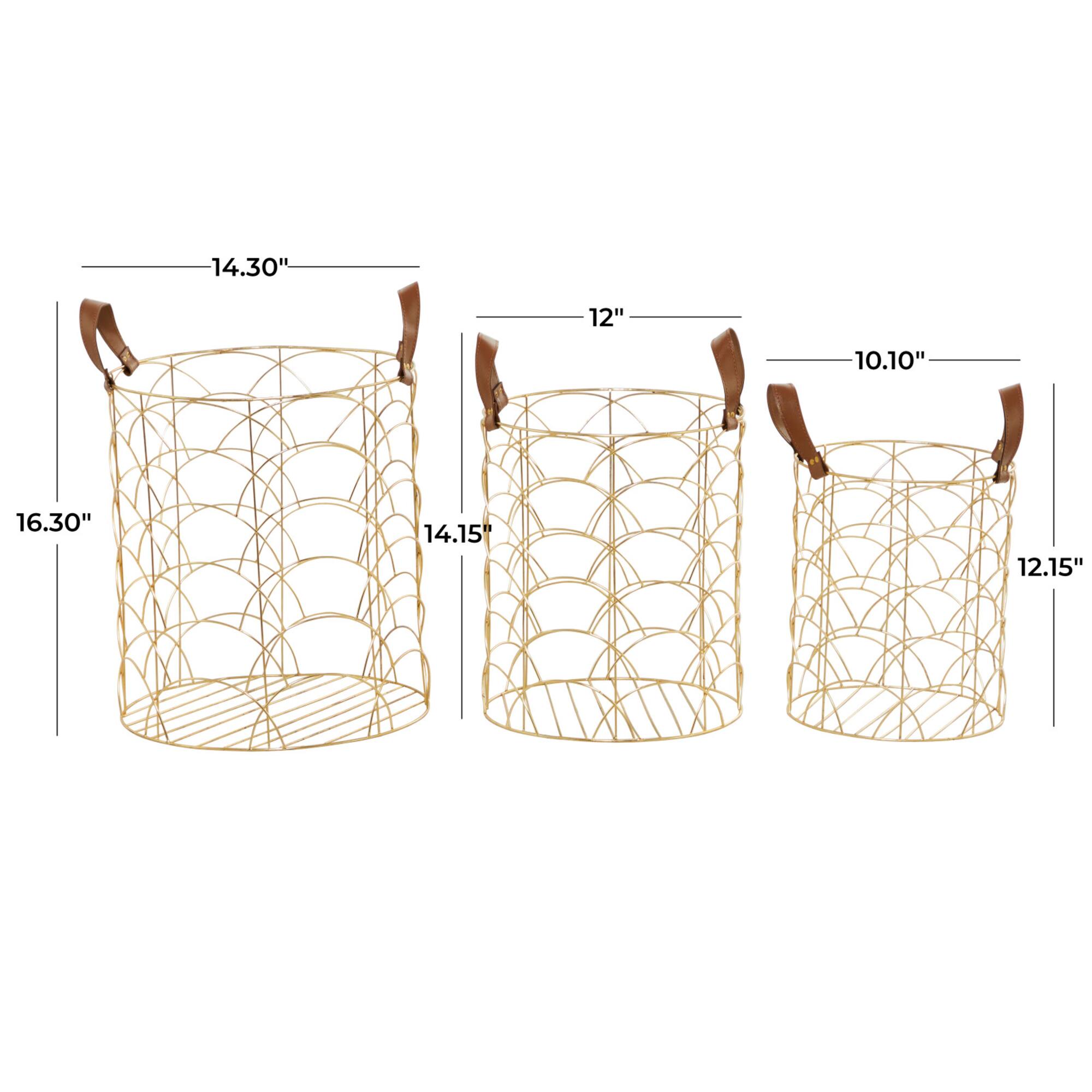 CosmoLiving by Cosmopolitan Gold Metal Storage Basket with Faux Leather Handles Set of 3 16", 14", 12"
